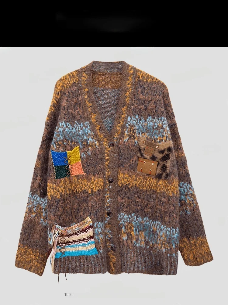 

Женский вязаный кардиган с V-образным вырезом, весна 2026, новинка, свободный крой, для повседневной носки, с длинными рукавами, стандартный фасон, с леопардовым принтом и вставками.