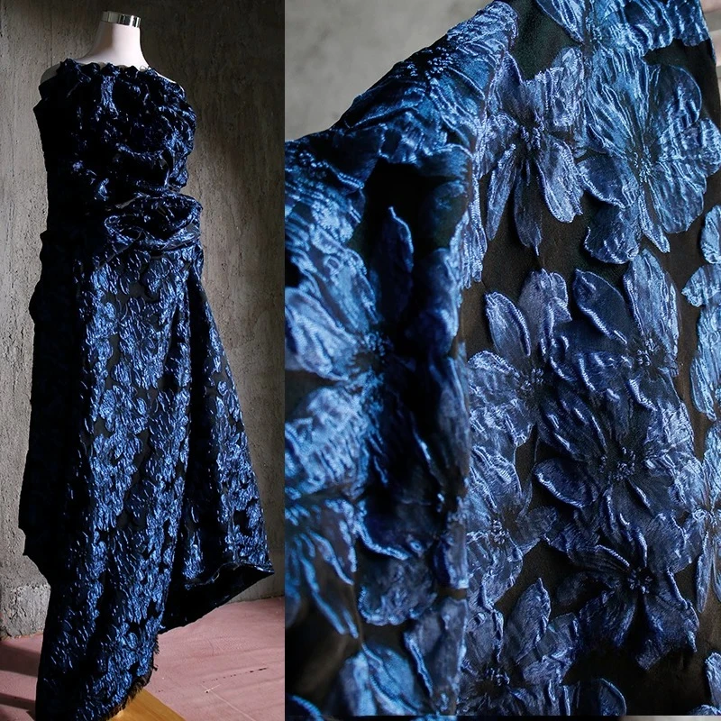 Tecido Jacquard Azul com Textura Tridimensional para Decoração de Vestidos de Banquete de Alto Padrão, Roupas Feitas à Mão, Tecido de Designer