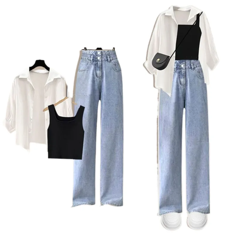 Set primavera/estate nuova edizione coreana da donna che indossa canotta a maniche corte che dimagrisce Jeans versatili Set di tre pezzi