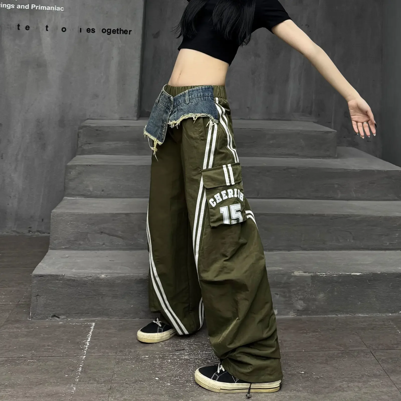 

Hip Hop Splicing Wide Leg Pants for Women in Spring 2025 New High Street Slimming Loose Casual Floor Pants Female Clothing