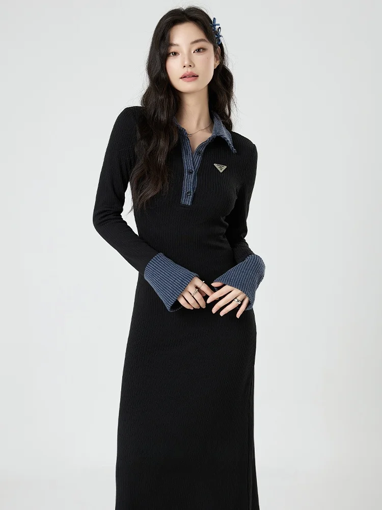 

Вязаное платье Chai i li для женщин: осенне-зимнее, приталенное, черное, базовое, длинное, с французскими рукавами, с завышенной талией, А-силуэт