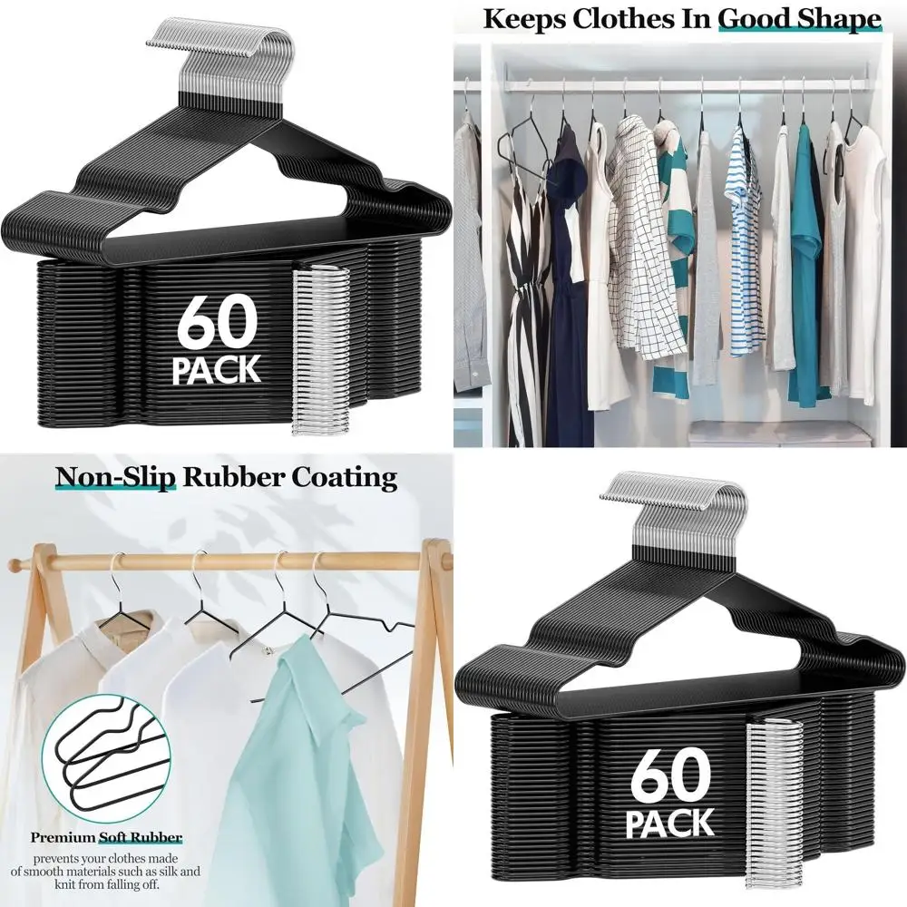 

60 шт. 16 противоскользящих металлических вешалок с резиновым покрытием для платьев, брюк, пальто, рубашек, сверхпрочных, компактных, черных