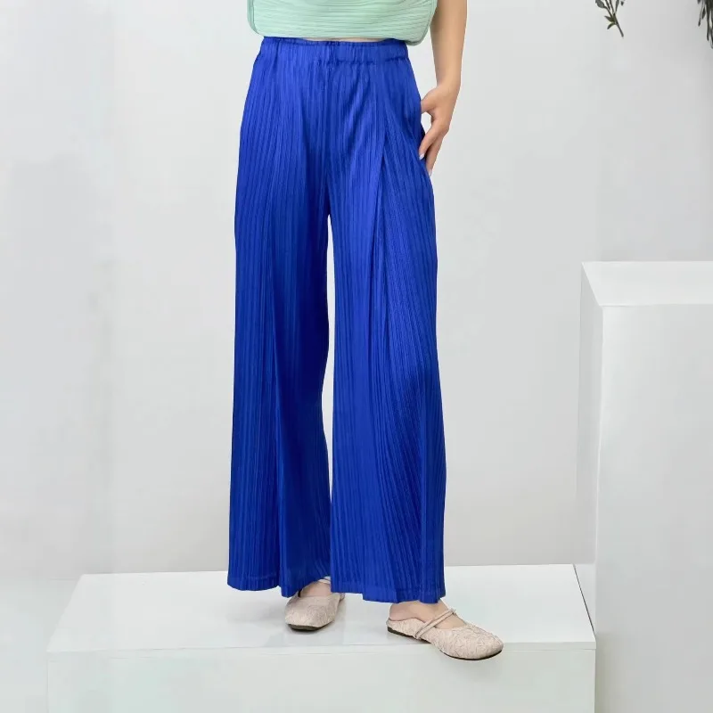 

Плиссированные повседневные брюки Miyake 2026: Новинка лета, модные драпированные прямые брюки с высокой талией, свободного кроя, с эффектом похудения, на эластичной резинке, женские, длинные