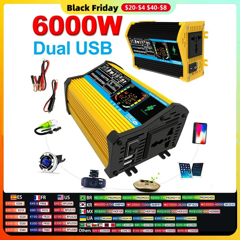 4000/6000W Inverter 12v 220v 110v Modified Sine Wave Car Power Inverter Transformer Convert LCD Display Vehicle Inverter 2USB