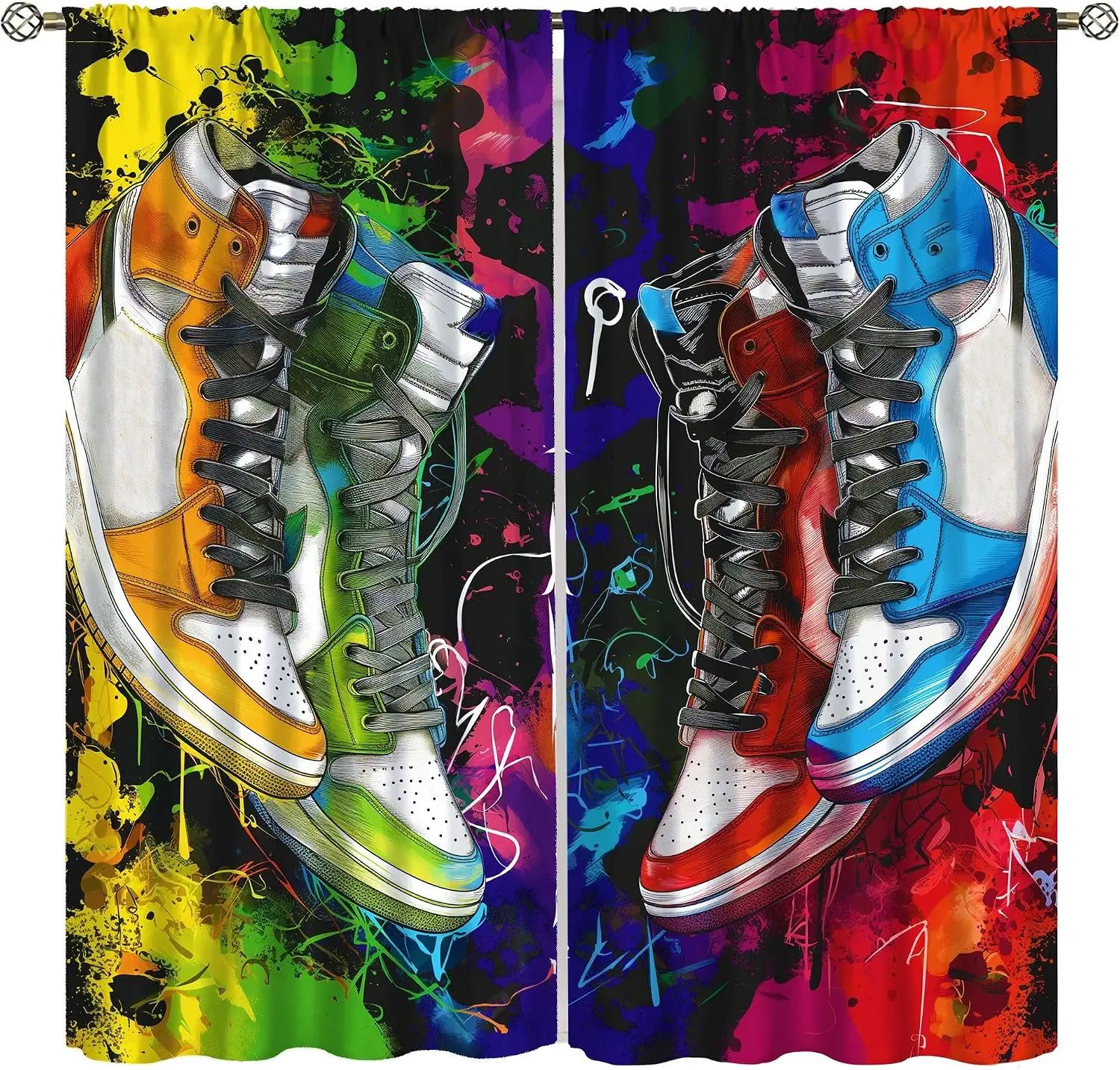 Streetwear Shoe Curtain Panels, Vibrant Graffiti Sneakers Paint Splatter Art Print Drapes for Youth Room Window Home Decor