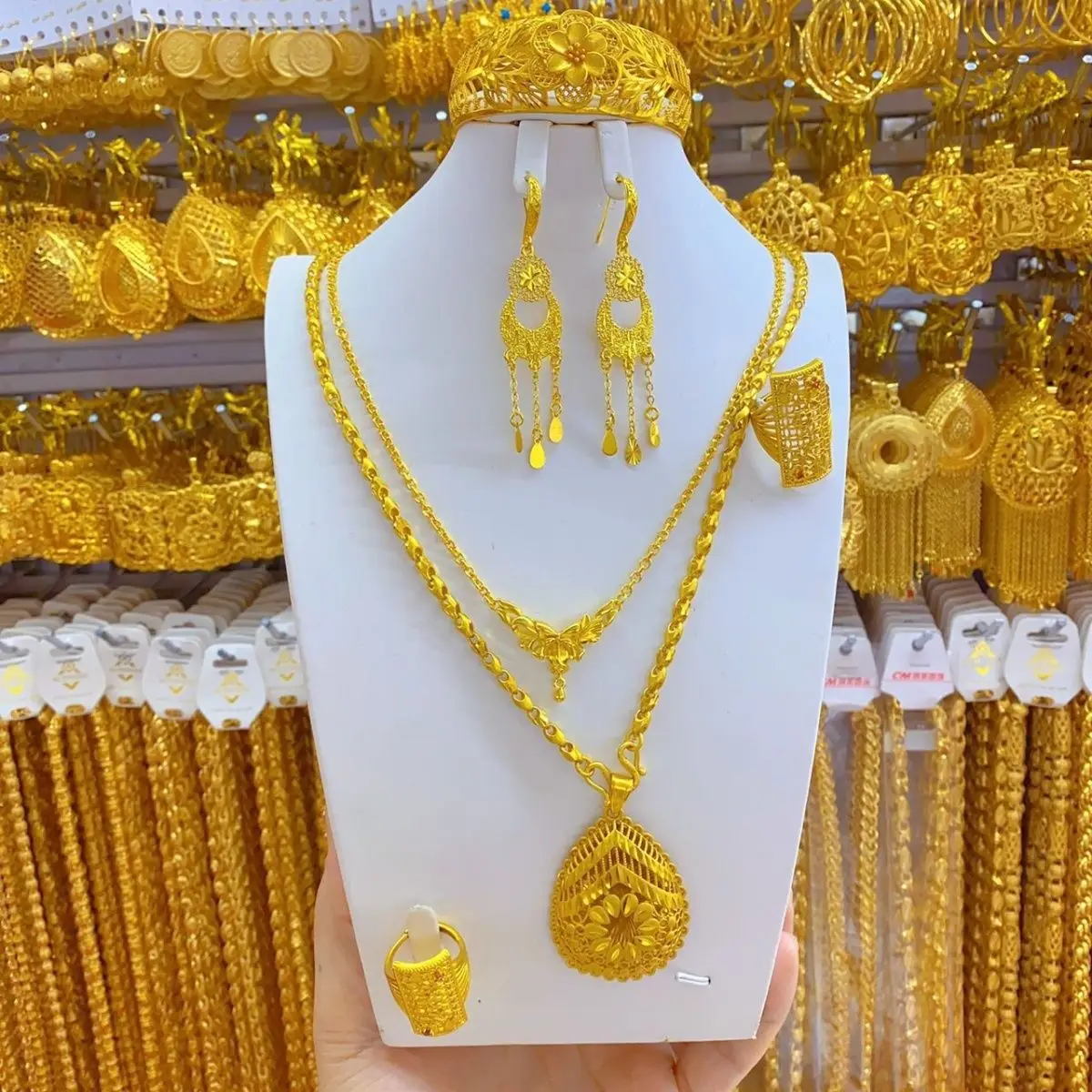 New Dubai 24K Gold Plated Bridal Wedding Necklace Bracelet Earrings Women's Ring Popodion Six Piece Set YY10424