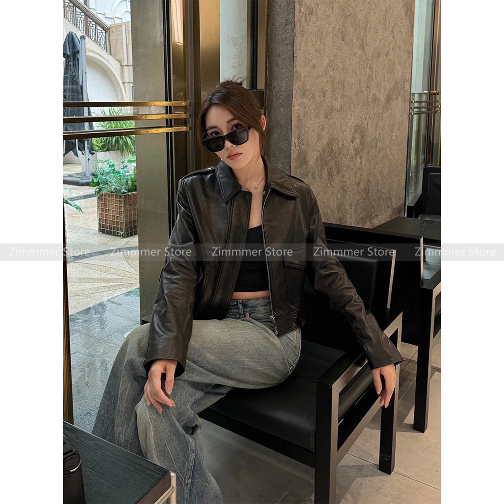 

Fashion Women's 2024 Autumn and Winter New Black Temperament Lapel Biker Suit Jacket Coat