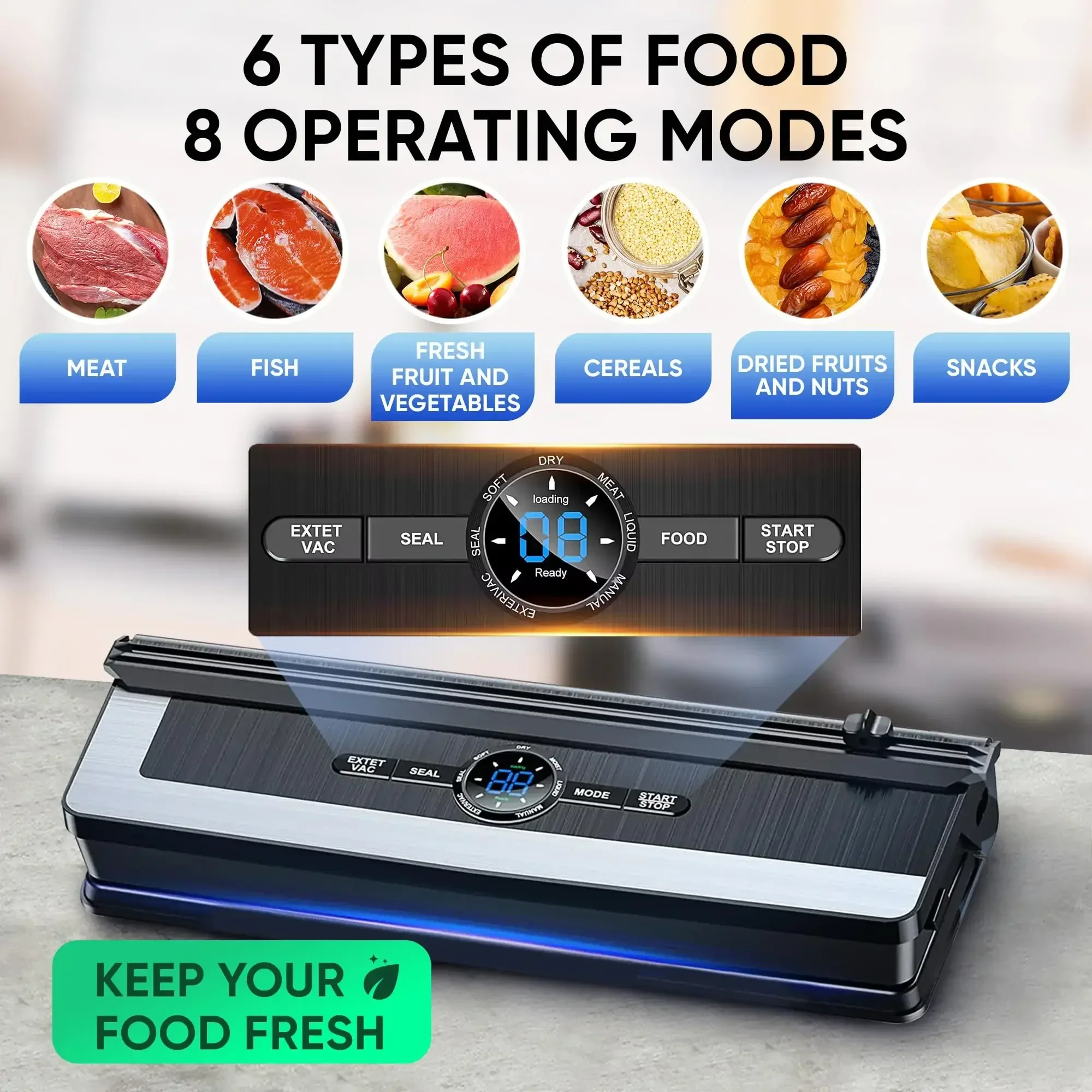 Vacuum Sealer Automatic Air Sealing Food Vacuum Sealer Machine for Dry and Moist Food 6 Modes with Build-in Cutter 5mm Heater