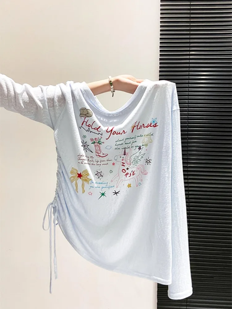

Summer New Loose Slimming Long Sleeve Children's Graffiti Print Sun Protection T-shirt Women's Drawstring Thin Top