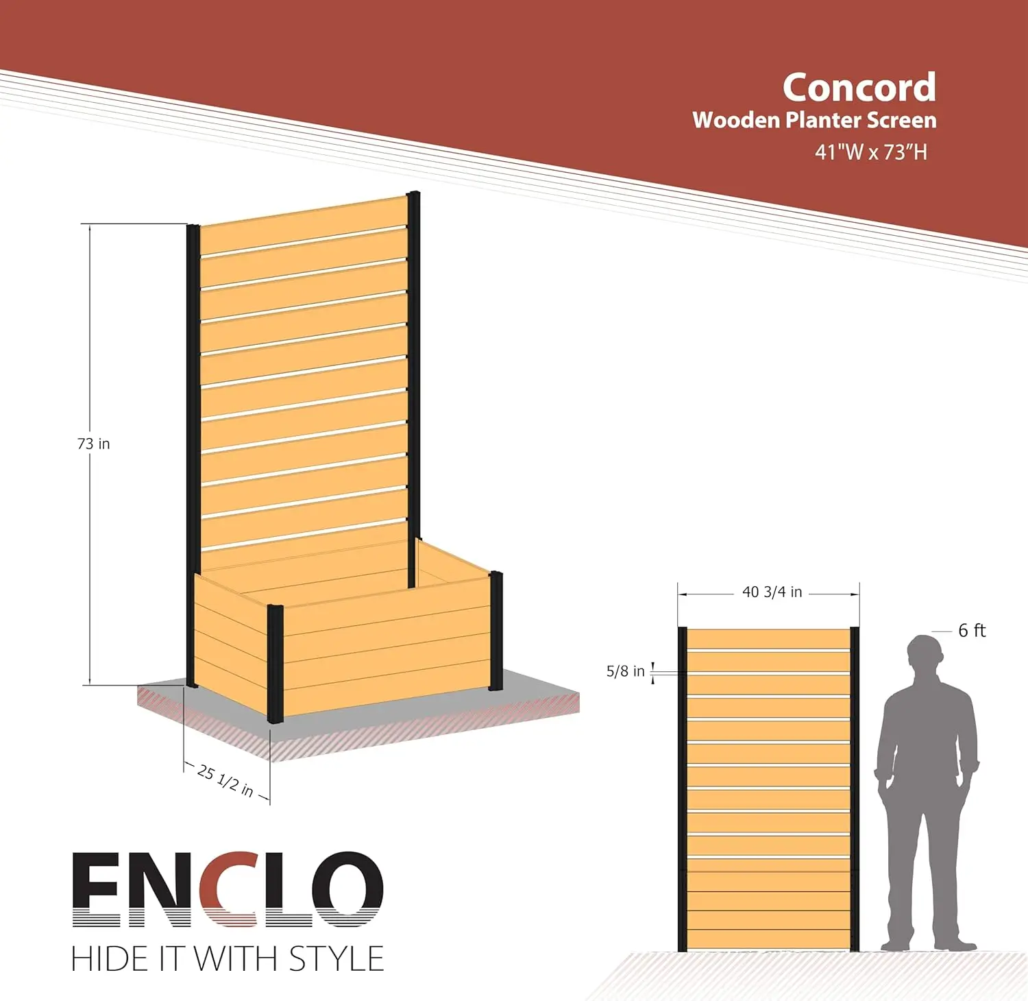 6ft H x 3.3ft W x 2.1ft L (1   Freestanding  Concord Cedar Wood Privacy Fence Screen with Planter Box, Outd