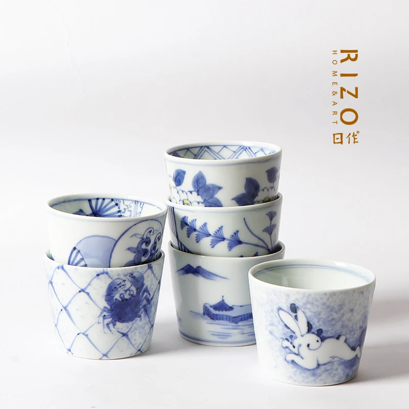 Japanese Arita Yaki Hand-Painted Ceramic Blue And White Tea Cup, Soup Swallowing Pig Mouth Water Sake Cup