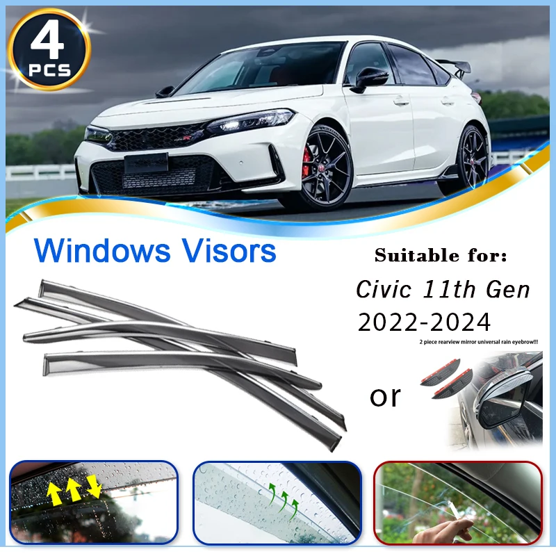 

Window Visor Rain Guards For Honda Civic 11th Gen 2022 2023 2024 Car Deflectors Windshield Rain Eyebrow Awnings Trim Accessories