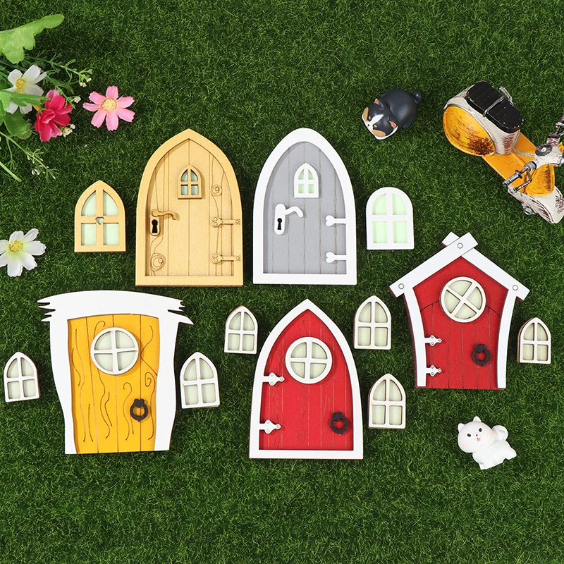 1Set Puppenhaus Mini Fee Holz Tür Miniatur Fluoreszierende Fee Elf Tür Fenster Modell Haus Möbel Dekor Spielzeug