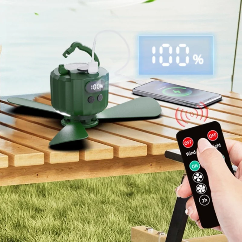 مروحة سقف للخيمة مع جهاز تحكم عن بعد، ضوء LED قابل لإعادة الشحن، مروحة خيمة محمولة قوية للرياح لصيد الأسماك والتخييم في الهواء الطلق