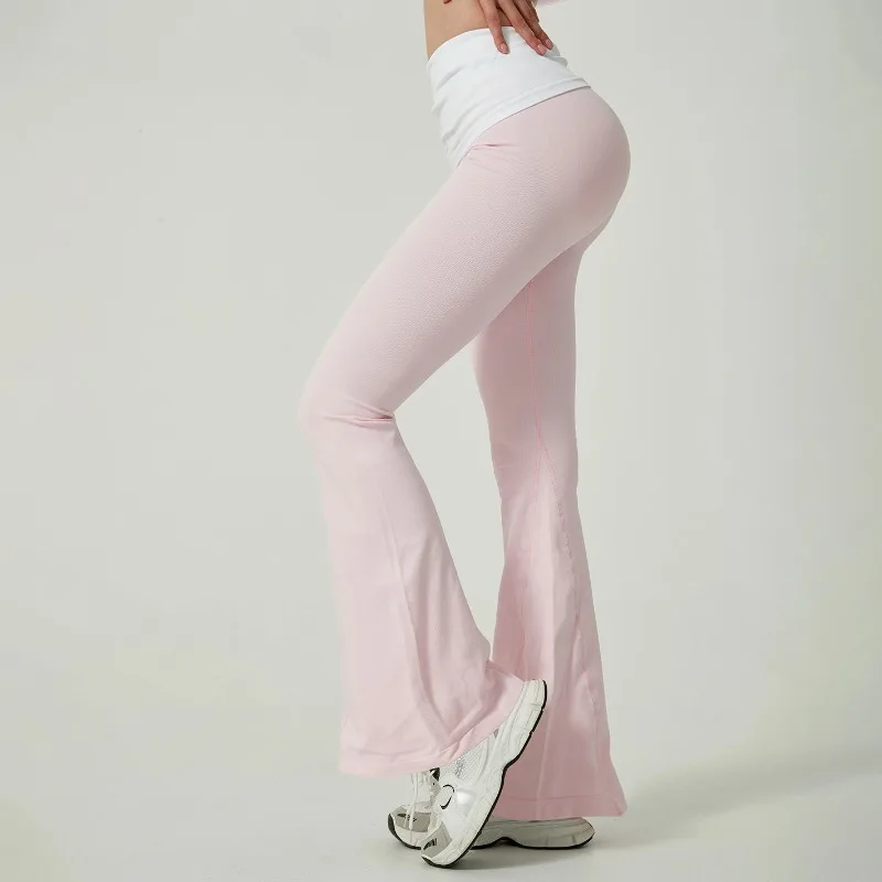 Pantaloni da yoga svasati con cintura pieghevole a blocchi di colore a vita alta senza cuciture da donna Leggings sportivi casual con gamba larga per sollevamento bottino