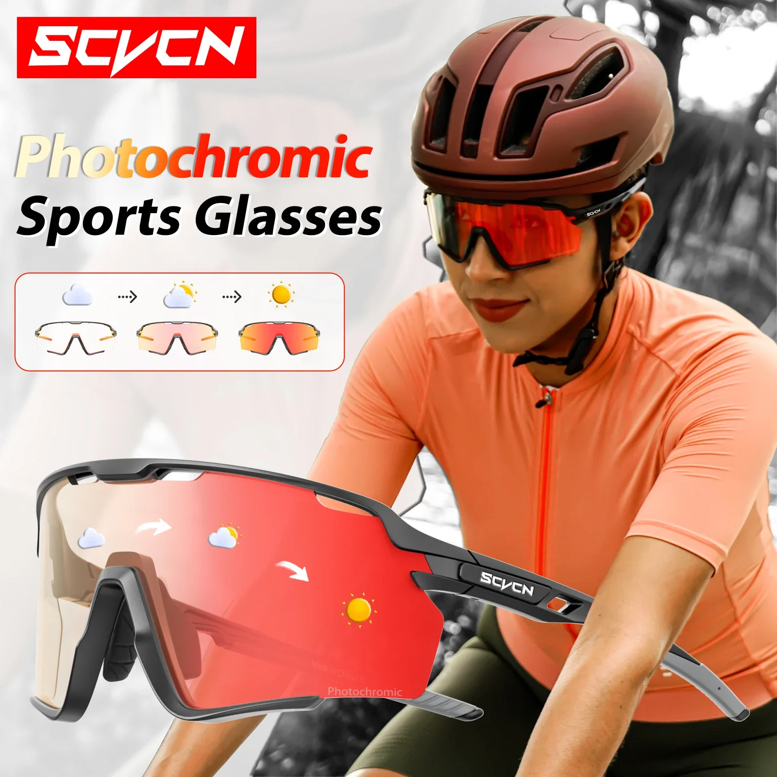 Scvcn Color Photochromic Sunglasses UV400 Cycling Glasses Men Women Running Hiking MTB Road Sports Eyewear Outdoor Red Glasses