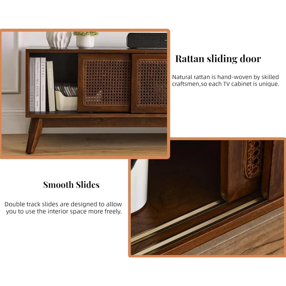 Suporte de TV moderno de meados do século de 59 polegadas com portas de armário de vime, centro de entretenimento Boho para TV de 55/60/65 polegadas, console de mídia