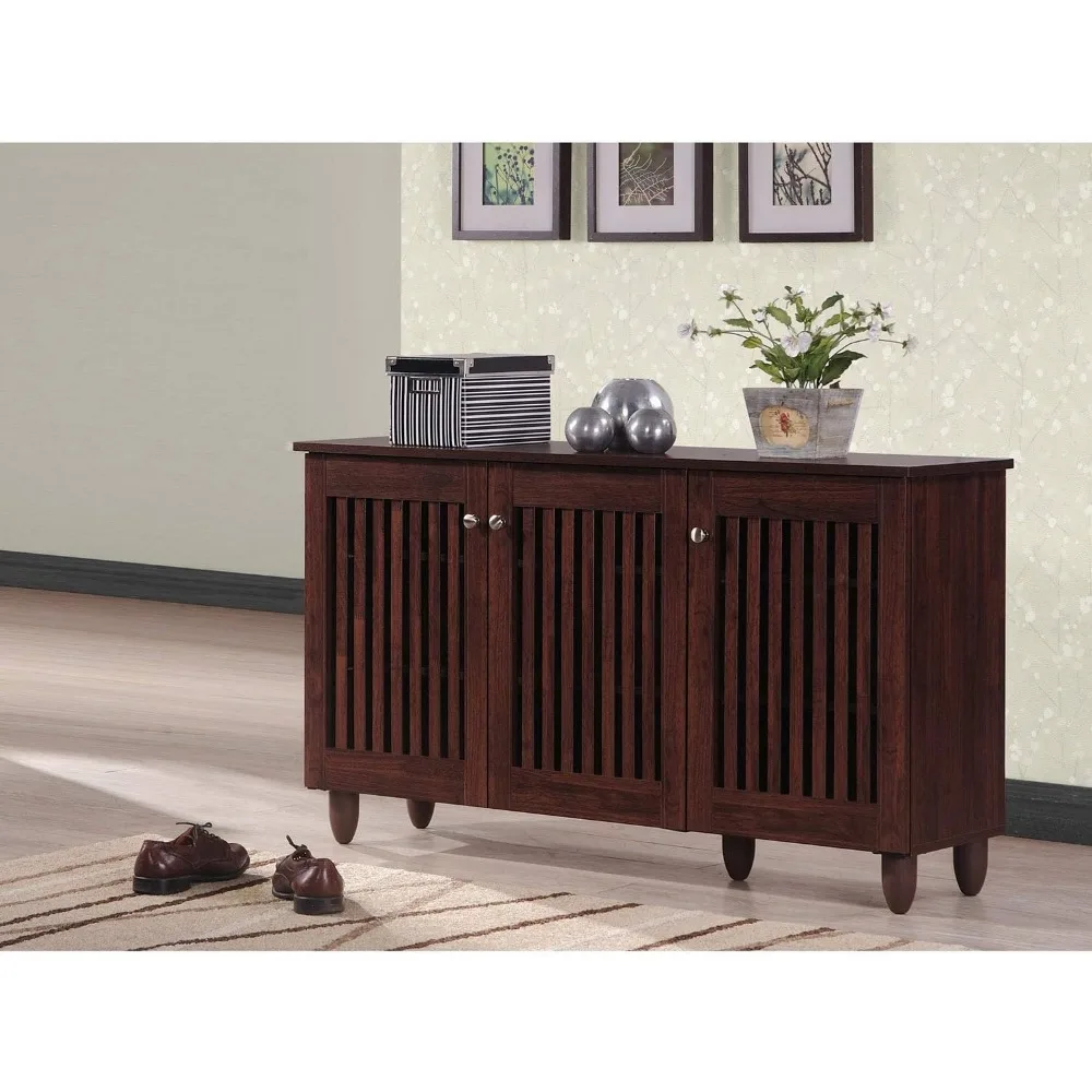 

Dark Brown 3-Door Shoe Cabinet Modern Contemporary Wood Oak Finish Doors