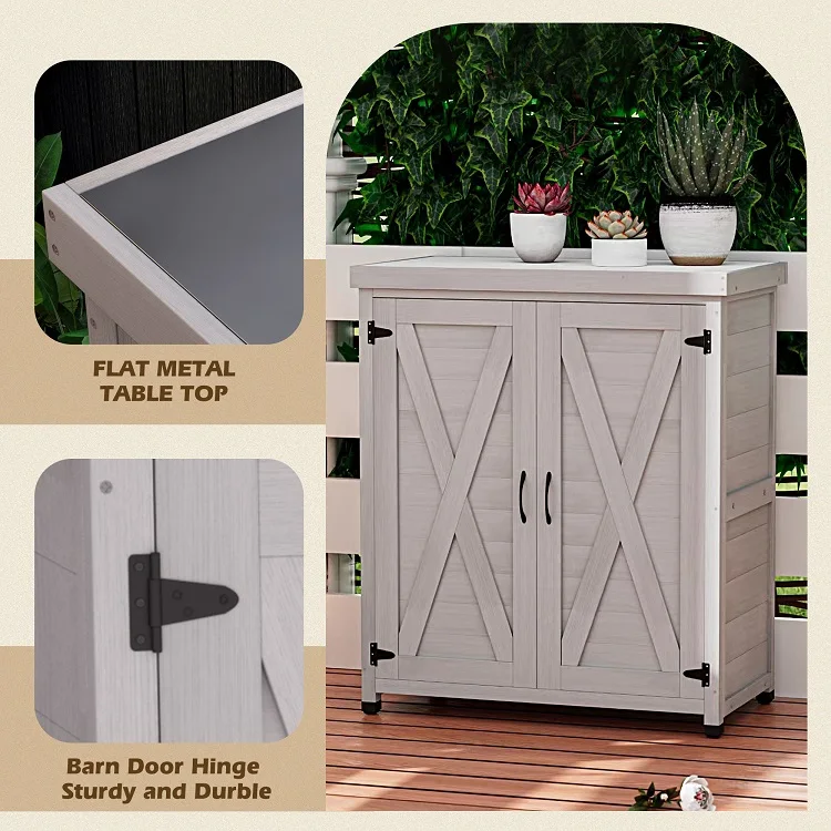 Potting Bench with Solid wooden Storage Cabinet and Metal Table Top Outdoor Work Station Table