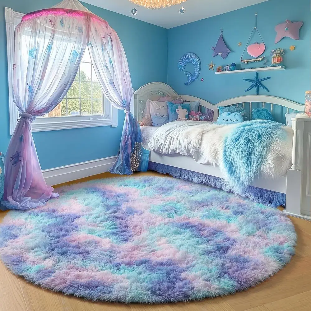 

Fluffy Pastel Mermaid-Inspired 8x8 Shaggy Rug for Girls' Bedrooms and Playrooms