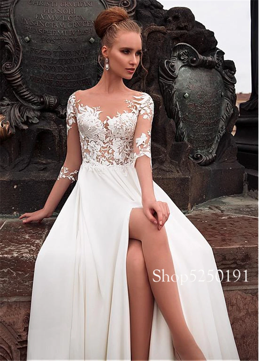 

Elegant Chiffon Bateau Neckline See-through Bodice A-line Bridal Dress Front Slit Long Sleeves Wedding Dress vestido novia corto