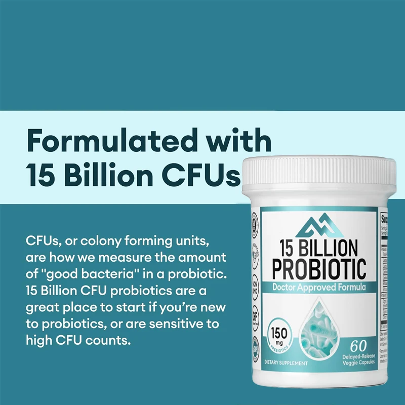 60 probiotic capsules with 15 billion colony units -6 strains of bacteria and organic prebiotics alleviate bloating and bloating