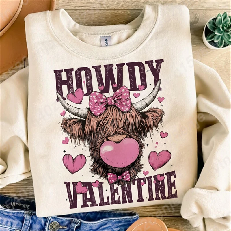 Howdy Valentine’s Style Round Neck Pullovers New Fashion Women's Clothes Casual Sport Outdoor Long Sleeve Hoodless Pullover Tops