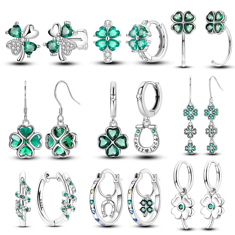 Lucky Clover Earrings 925 Sterling Silver Original Stone Zircon Horseshoe Four Leaf Green Drop Earrings For Women Party Jewelry