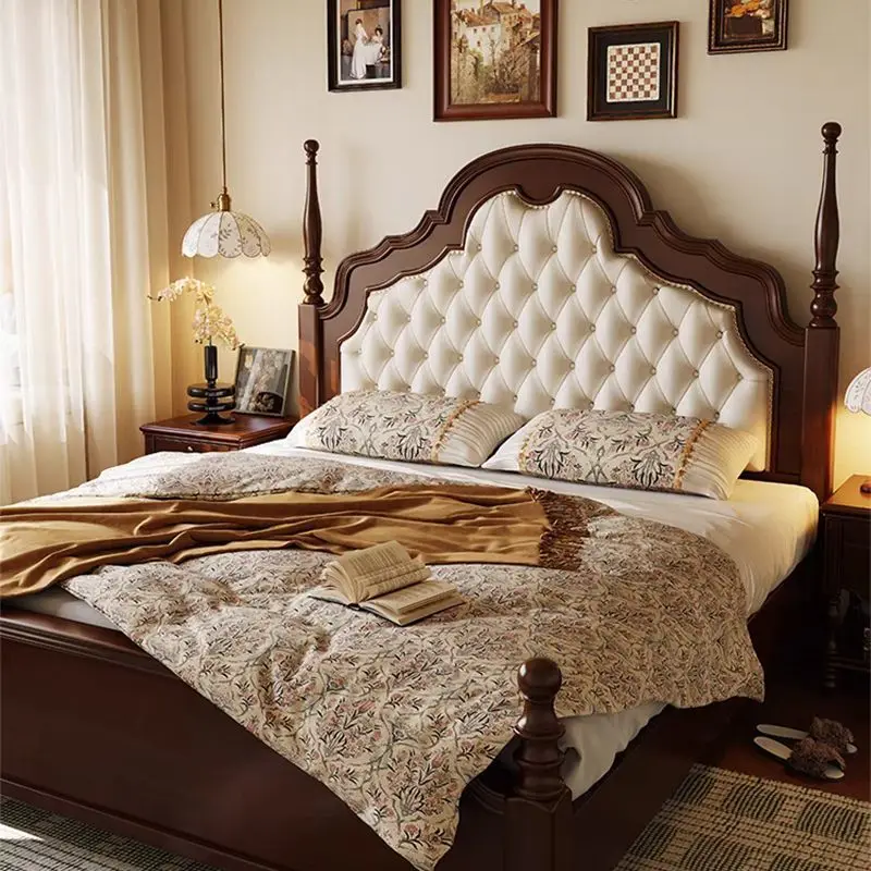 French retro wooden bed modern simple master bedroom high-end atmosphere American light luxury double bed European medieval wedd