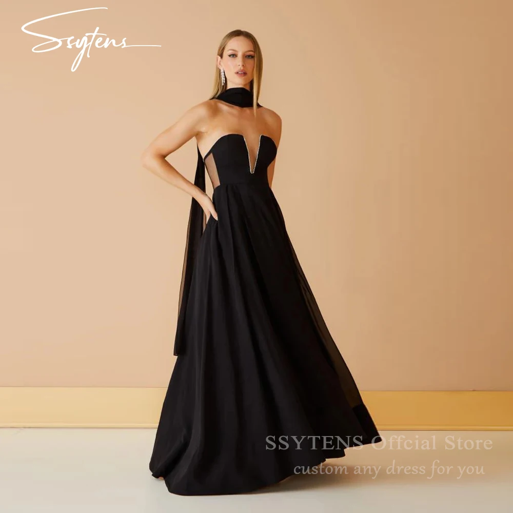 

SSYTENS Elegant Black Evening Dresses Women Prom Gowns Beads Strapless Sleeveless Long Wedding Guest Party Dresses Customized