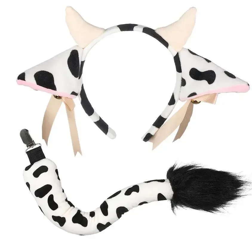 Kreskówka Pluszowa opaska na głowę z krowimi uszami i małymi dzwoneczkami Wstążka Kokarda Anime Lolita Obręcz do włosów Kawaii Animal Party Cosplay Costume Girl