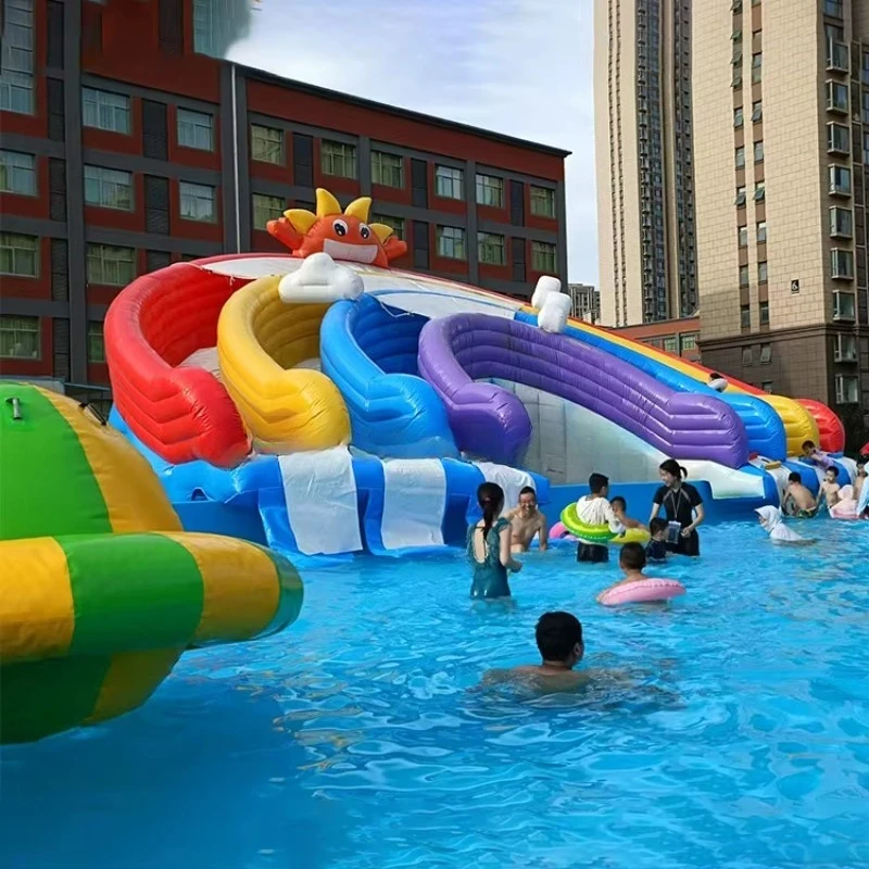 Commercial Water Play Equipment Mobile Land Inflatable Ground Water Park with Large Pool Slide for Adults
