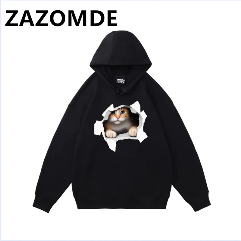 ZAZOMDE Men Hoodies Pullover Autumn Winter Casual Hoodie High Street Sweatshirts Cat Print Hoodies Oversize Sweatshirt For Male