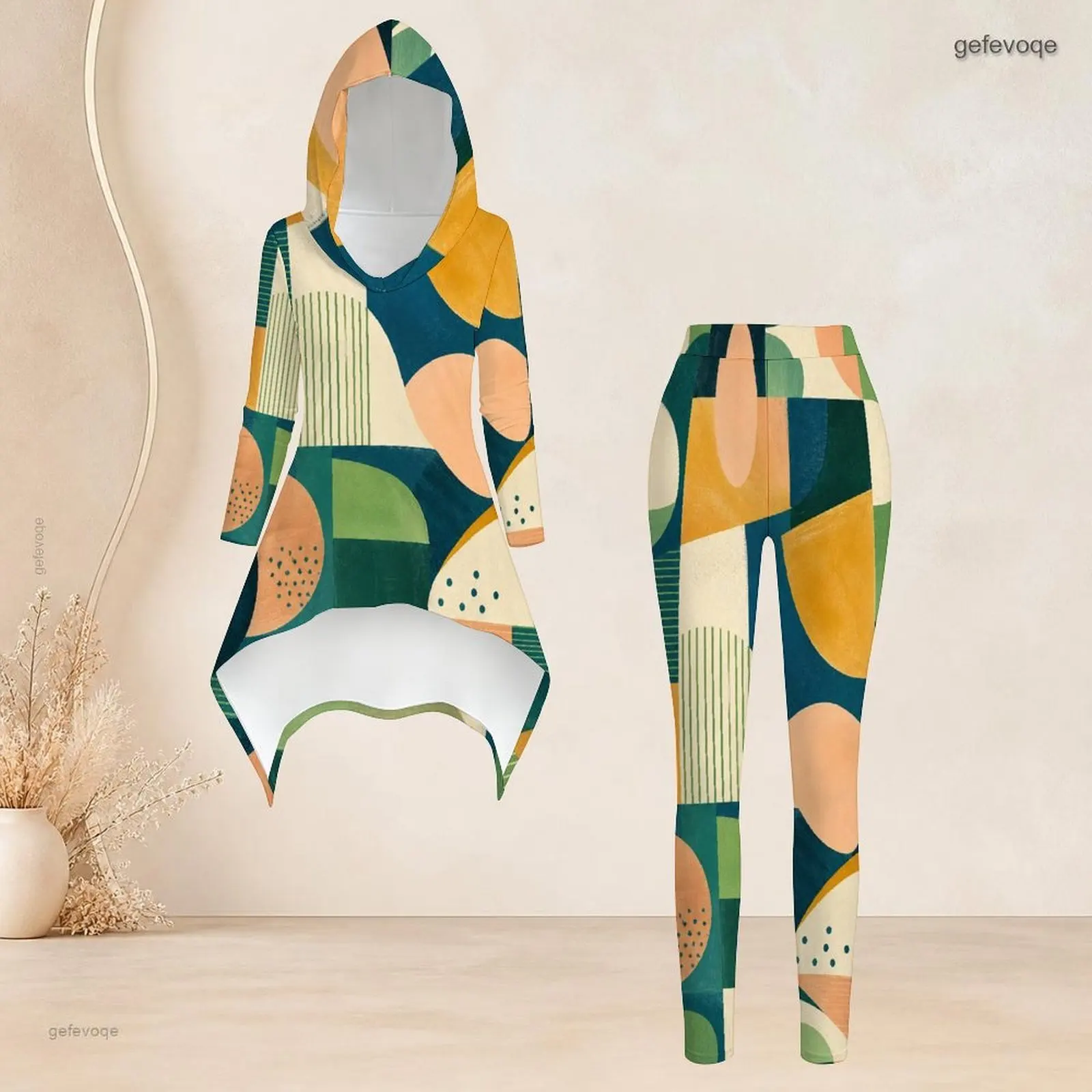 Women Women Abstract Geometric Printed Hooded Long Sleeve High Low Top and Fitted Pants Two Piece Set - Aliexpress Deal