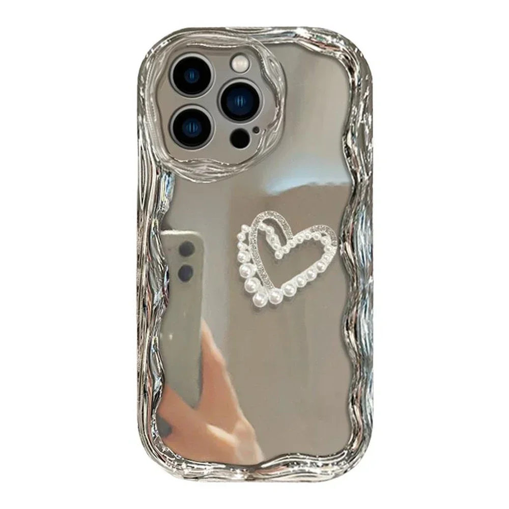 Luxury 3D Silver Pearl Heart Wavy Phone Case For iPhone 16 15 14 13 11 12 Pro Max Plus  7 8 Plus Soft Shockproof Cover