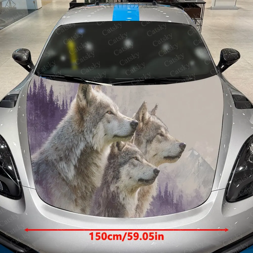 Car Decal Wildlife & Naturalistic Art-Inspired Combination of Wolf Pack, Forest Textural Elements Car Hood Sticker, Waterproof S