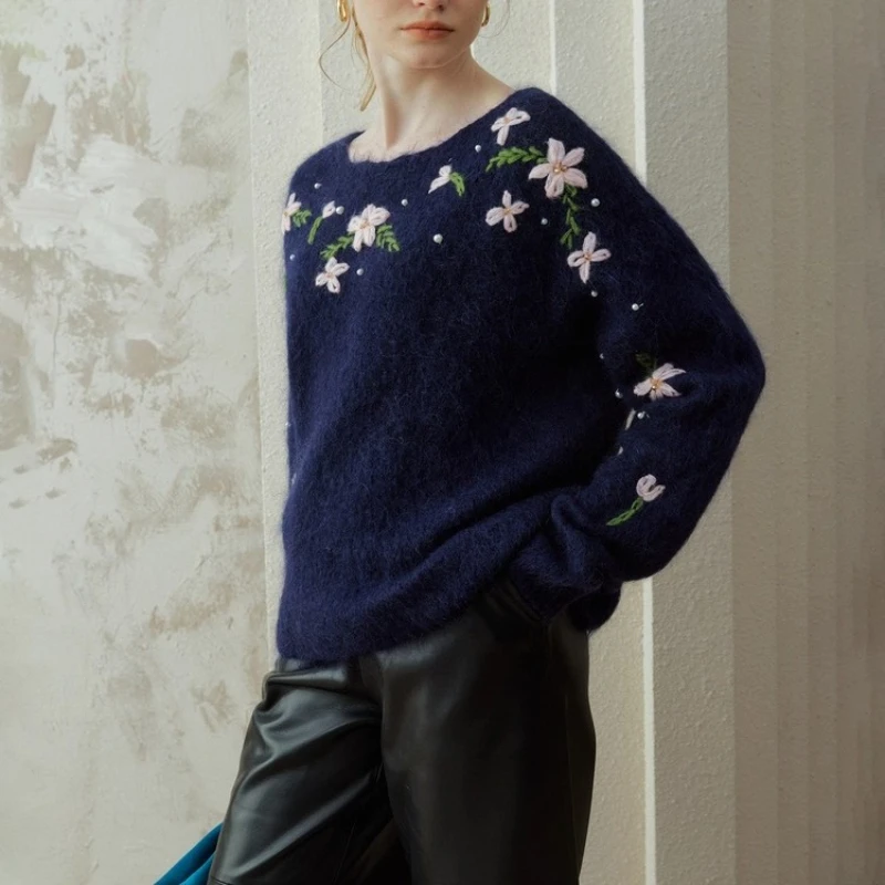

Navy Blue Fuzzy Knit Sweater with Floral Embroidery Pearl Beading Soft Women Pullover 2025 Fall/Winter Knitwear Jumper