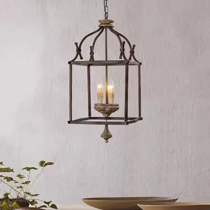 Birdcage pendant light, American retro square wrought iron entrance restaurant, clothing store showcase, homestay bedroom light