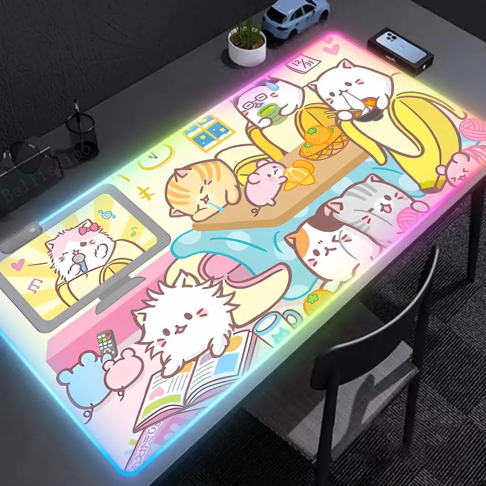 Mechanical Gamer Keyboard Pad Floor mats Desk Protector RGB Non-Slip Cool Banana Cat Rubber Edge locking Purple art Luminescence