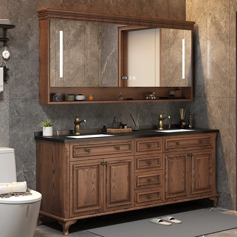 Factory Direct 2026 American red oak rock slab bathroom cabinet combination bathroom solid wood floor-to-ceiling smart wash basi