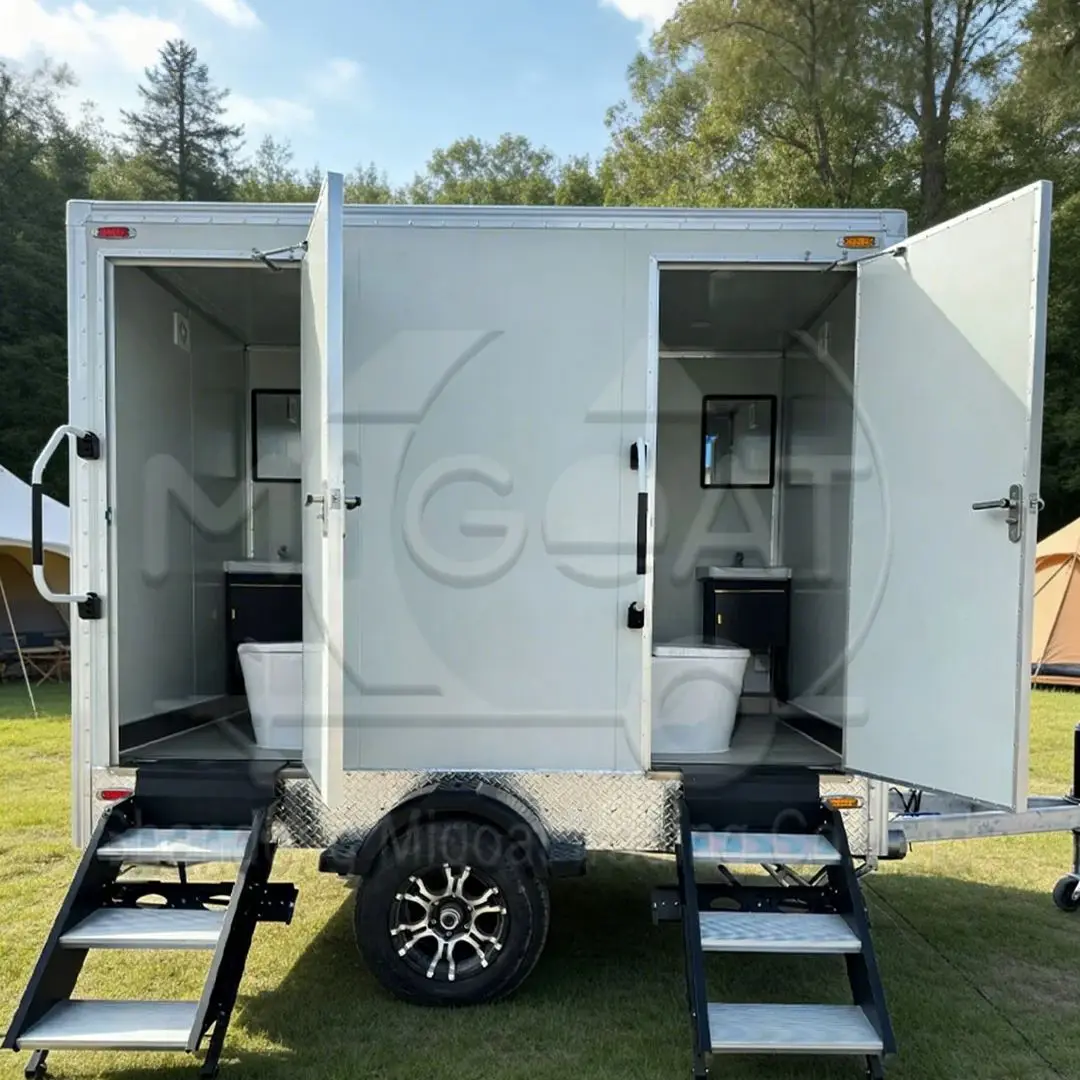 Towable 2-Compartment Mobile Restroom for Outdoor Events with Lighting And Hand Wash Basin Temporary Toilet Solution