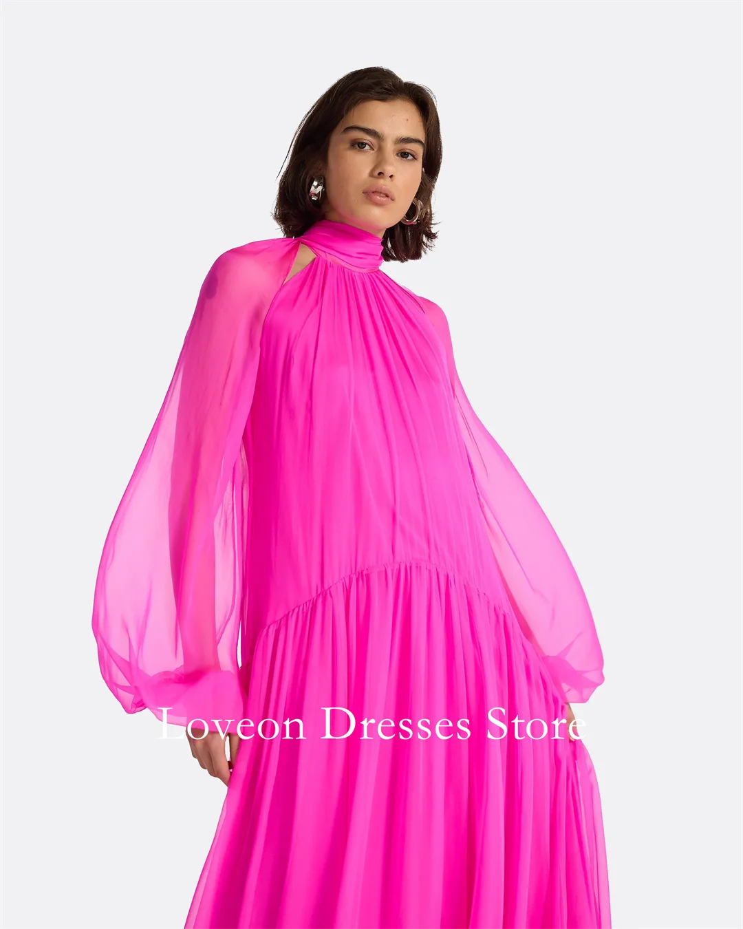 Col haut Rose rouge manches bouffantes robe en mousseline de soie robes de soirée formelles Style arabe personnalisé élégant bal growns fête femmes