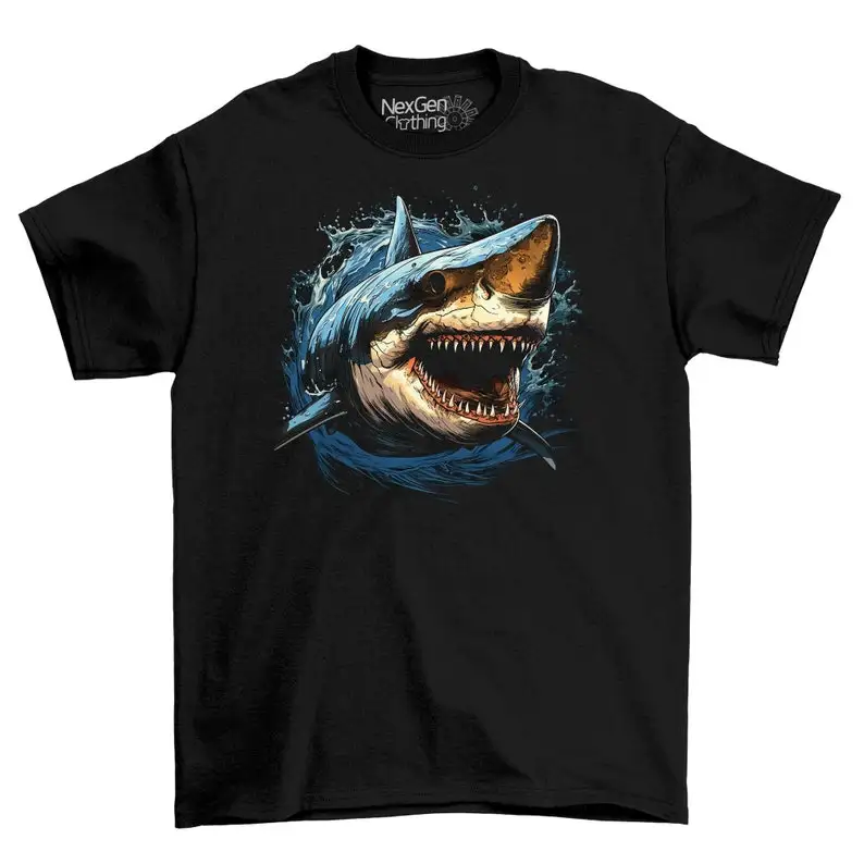 Megalodon White Shark Dinosaur T-Shirt Tee Top Men's Black Cotton Shirt | Mens Goth Fantasy Shirts | Dark Graphic T-Shirts