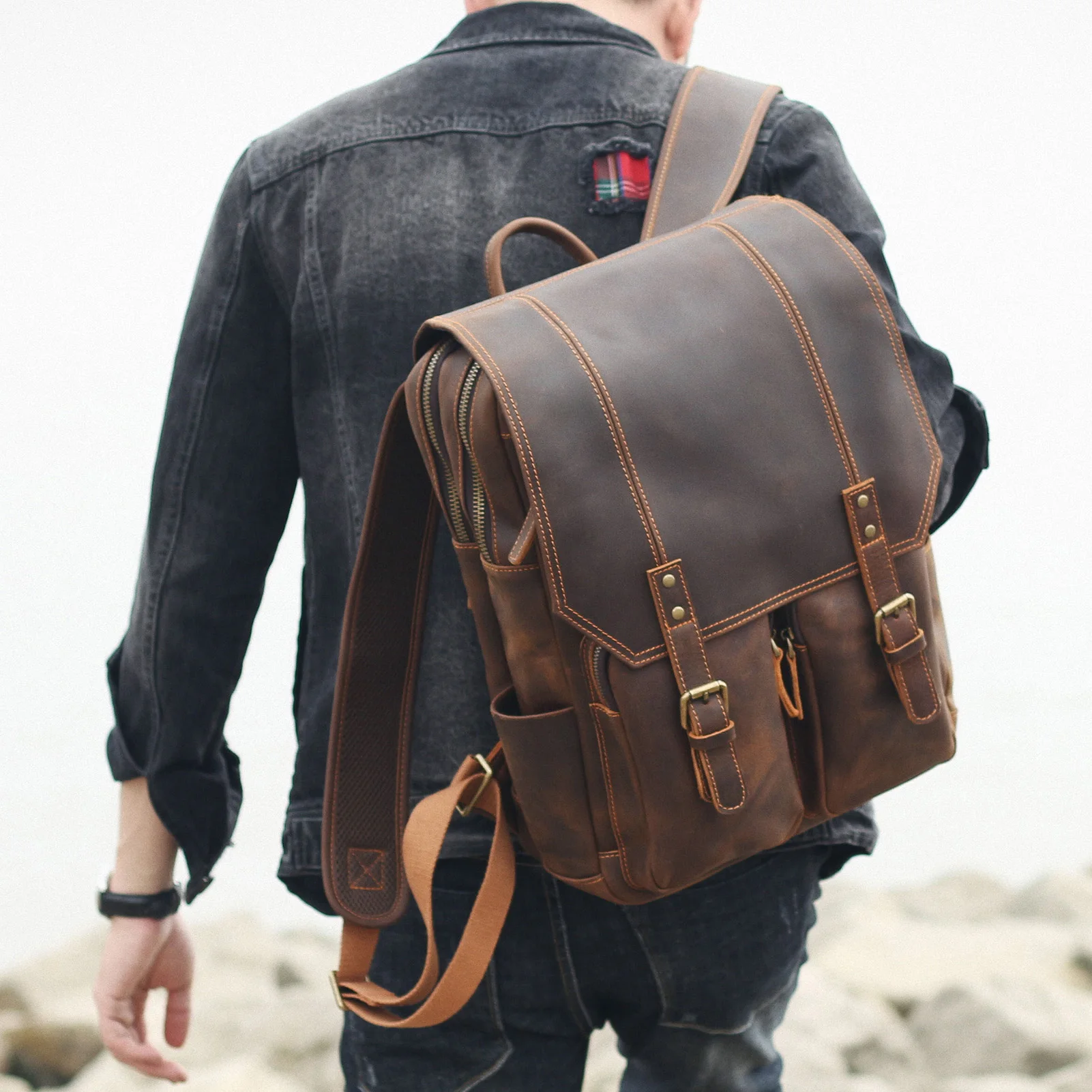 S.WORKER Vintage Echtleder-Rucksack Laptop-Tasche Lässige Crazy-Horse-Leder Schultasche Outdoor-Reise-Weekender-Tasche – Detail 4