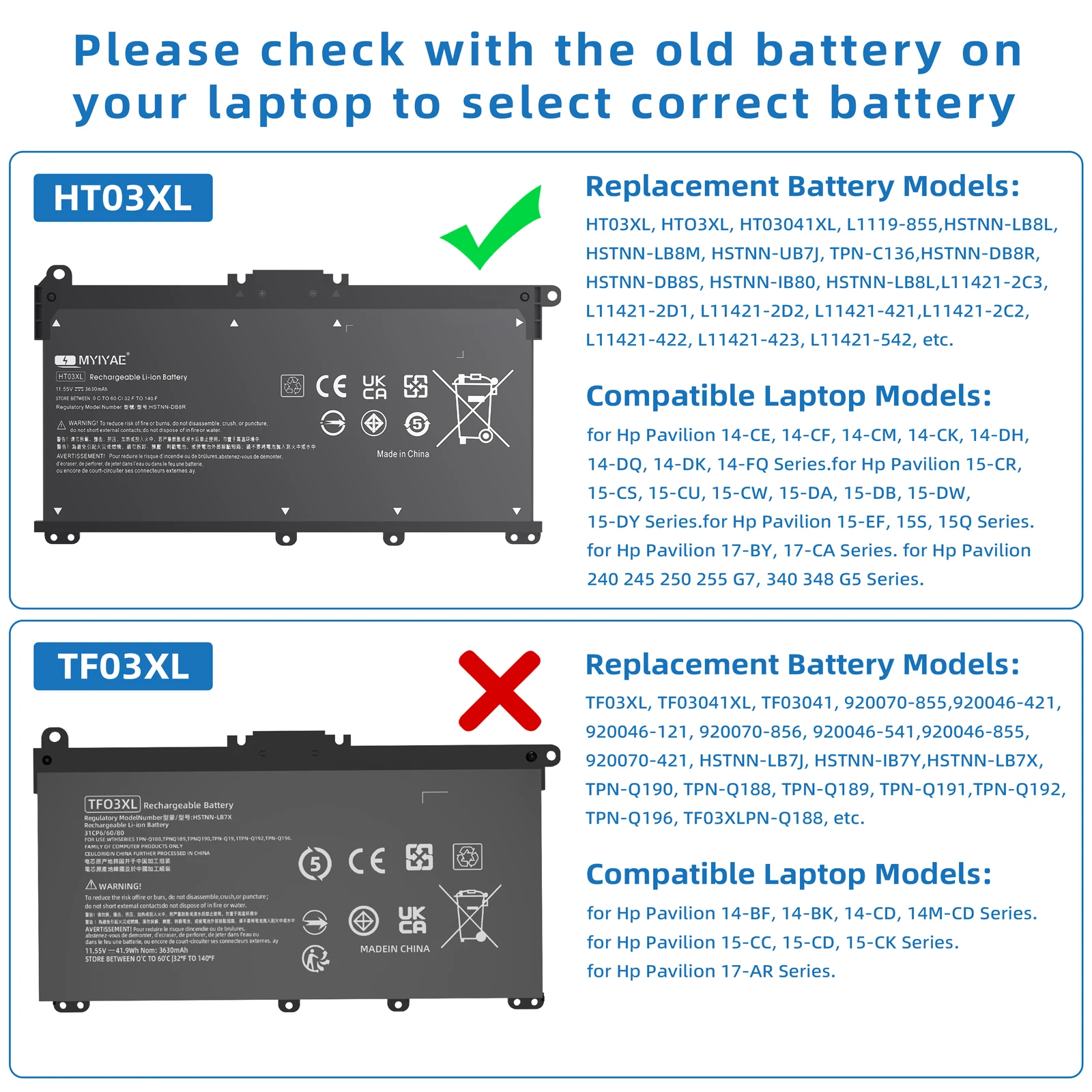 HT03XL HP Laptop Battery For Notebook Pavilion HP 14-CE0025TU 14-CE0034TX 15-CS0037 TPN-Q208/TPN-Q209/TPN-C135/TPN-C136/TPN-I130