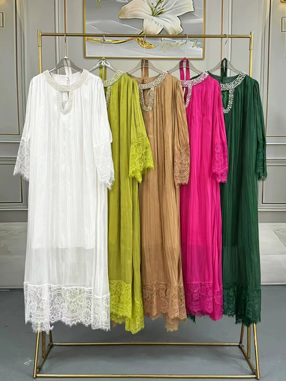 

Plus size women's pleated dress high-end pleated lace long skirt summer European and American-GZXX1021