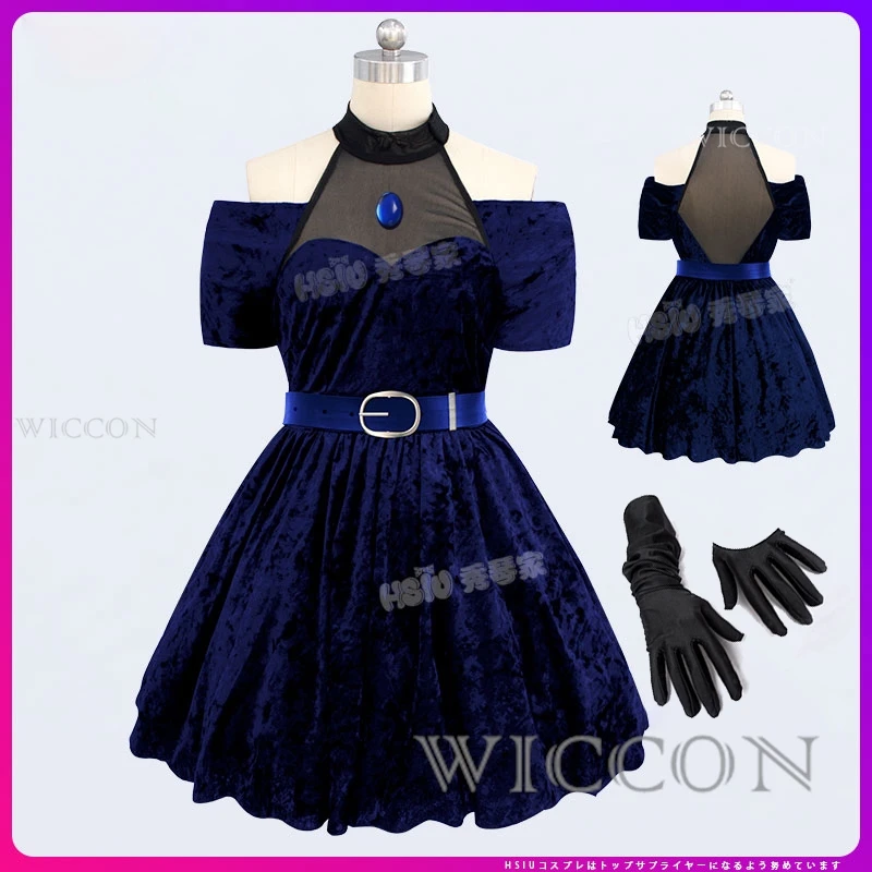 Mizi Cosplay Costume avec perruque, robe de paupières, fête d'Halloween, vêtements de performance de jeu de rôle, tenue en velours bleu, Anime, prévente