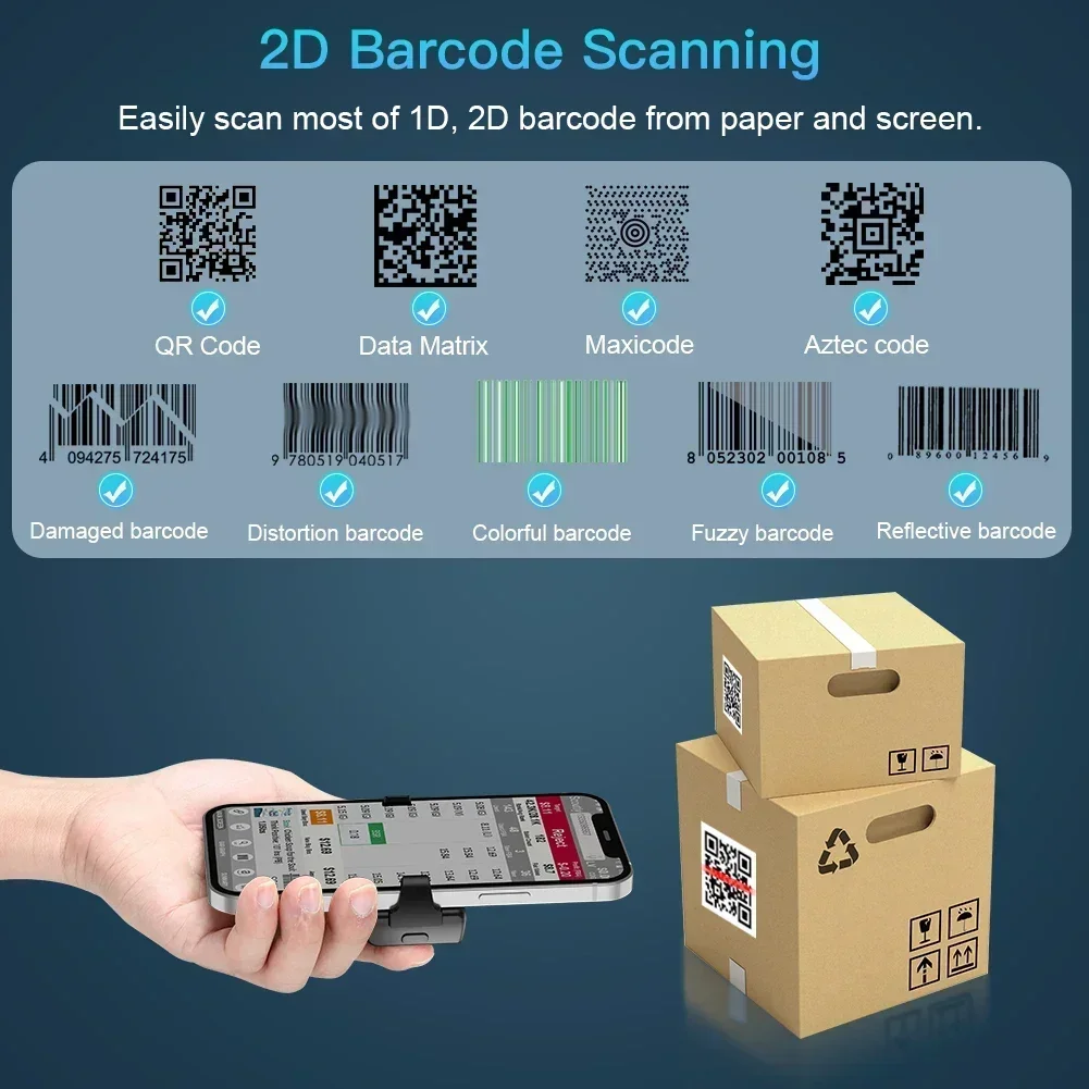 Eyoyo EY-022 2D Bluetooth Barcode Scanner Wireless Back Clip-on Phone Bar Code Scanner Adjustable for 1D QR PDF417 Code Reader