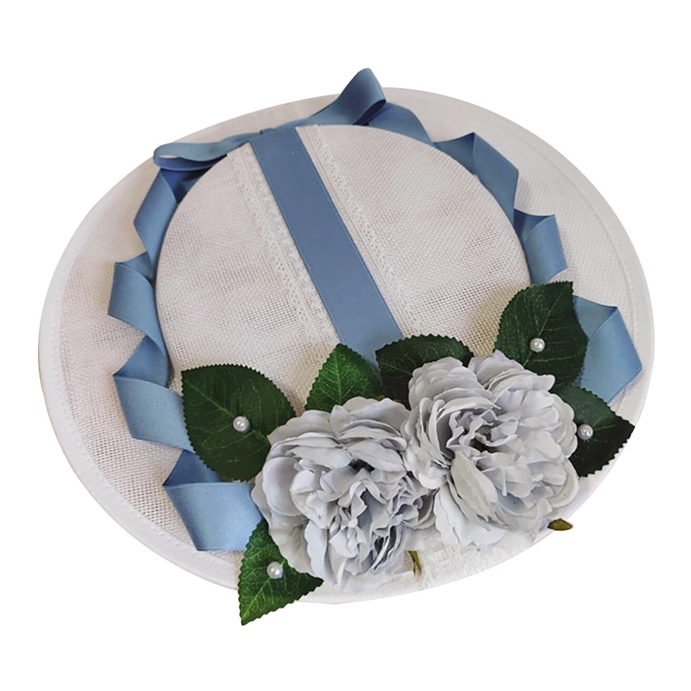 

White Tea Party Hat for Women Summer Imitation Linen Lace Ribbon Decorative Flowers Caps Comfortable Lightweight for Tea
