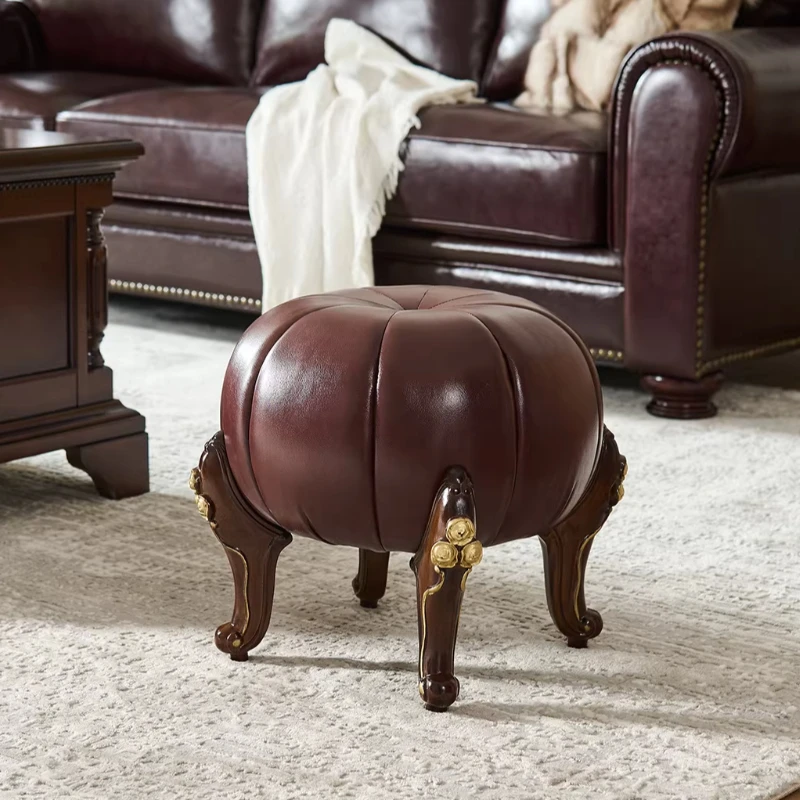 Vintage Ottoman Bench Stool, Retro Leather Round Seat, Creative Living Room Footrest, Bedroom Vanity Stool, Solid Wood